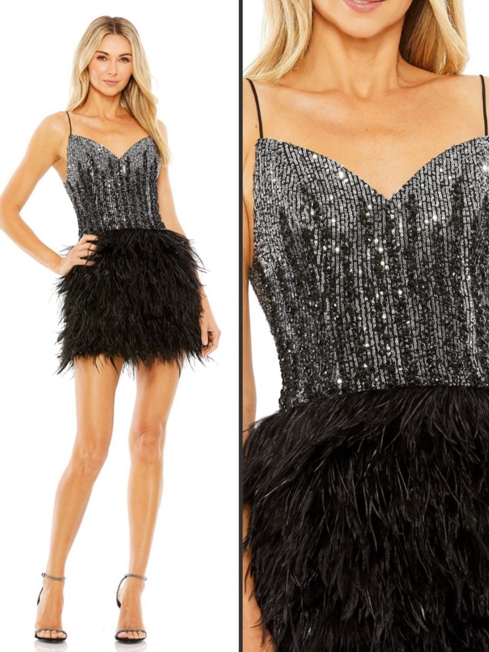 NWT Mac Duggal Black Sleeveless Sequin Dress with Feather Skirt